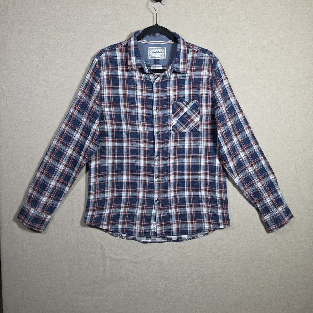 Flag & Anthem Shirt Mens L Red Blue Plaid Button Down Light Flannel Long Sleeve